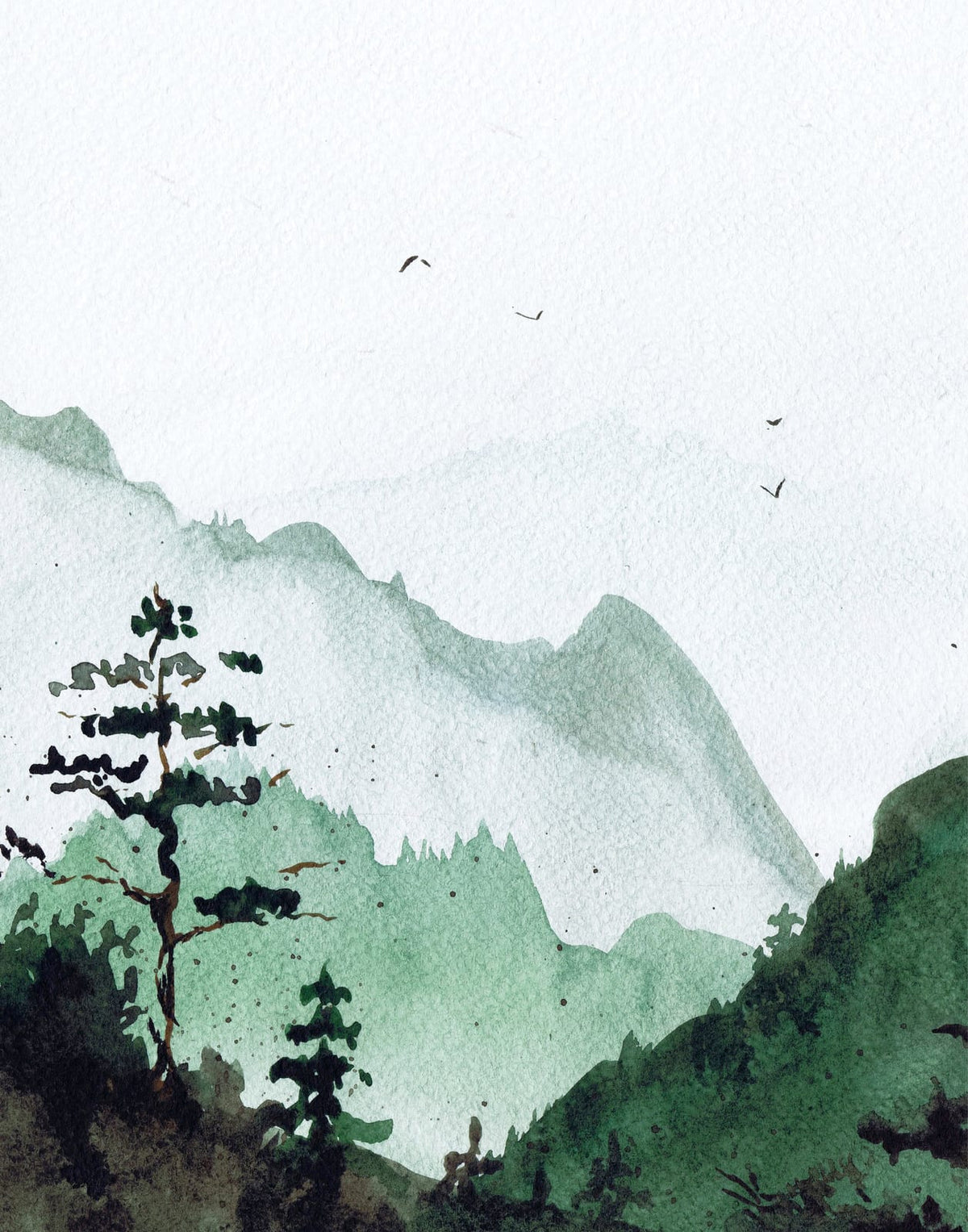 Windswept tree against layered green and teal mountain hills