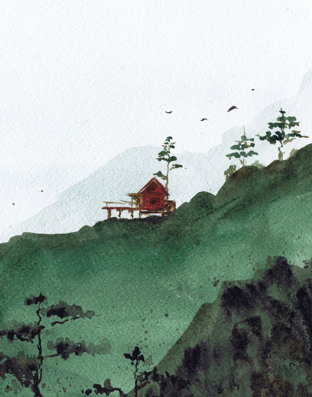 Small red cabin below dark green mountain forms