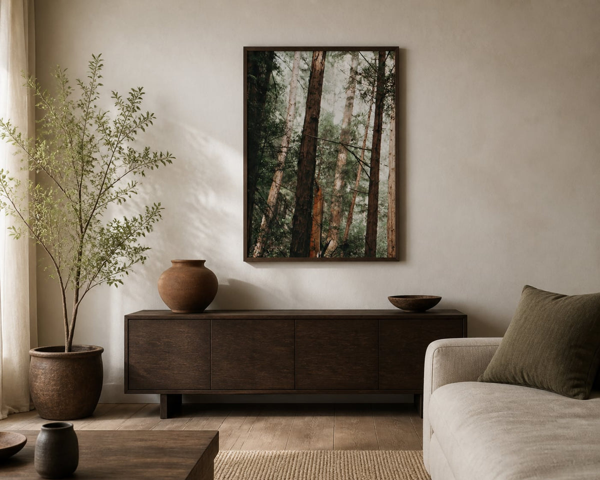 Redwood Shade Print in an earthy living room with smoked oak, olive, and terracotta accents