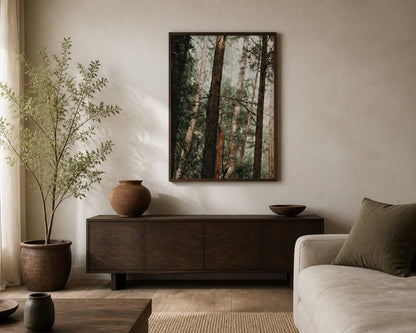Redwood Shade Print in an earthy living room with smoked oak, olive, and terracotta accents