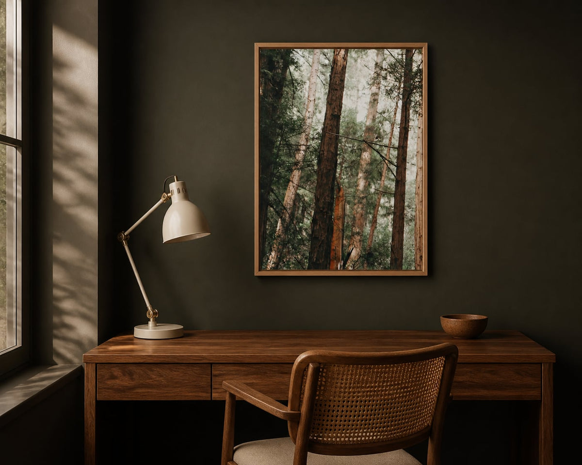 Redwood Shade Print above a walnut desk in a charcoal olive home office