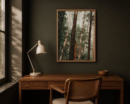 Redwood Shade Print above a walnut desk in a charcoal olive home office