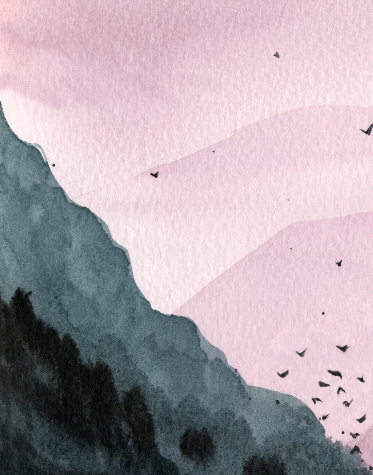 Three layered mountains in dusty rose and charcoal with birds crossing the center, panel 1 of 3