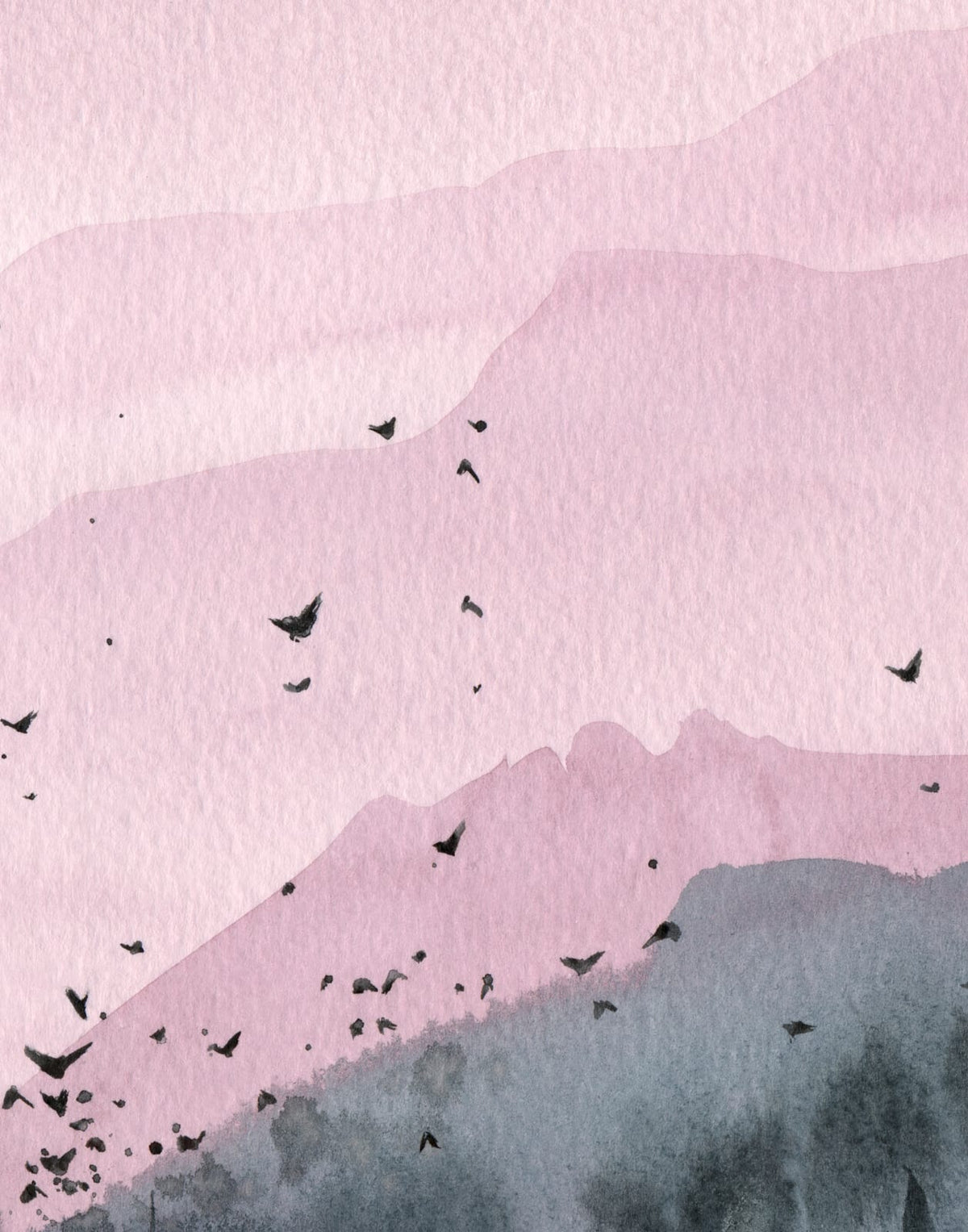 Three layered mountains in dusty rose and charcoal with birds crossing the center, panel 2 of 3