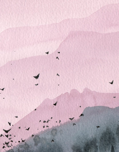 Three layered mountains in dusty rose and charcoal with birds crossing the center, panel 2 of 3