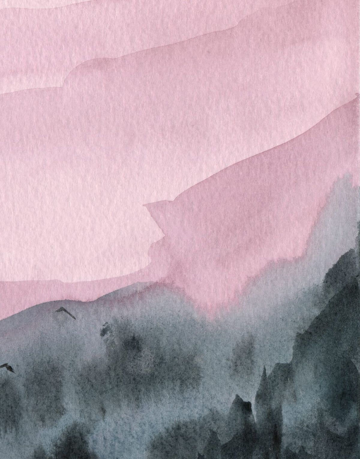 Three layered mountains in dusty rose and charcoal with birds crossing the center, panel 3 of 3