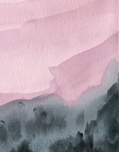 Three layered mountains in dusty rose and charcoal with birds crossing the center, panel 3 of 3