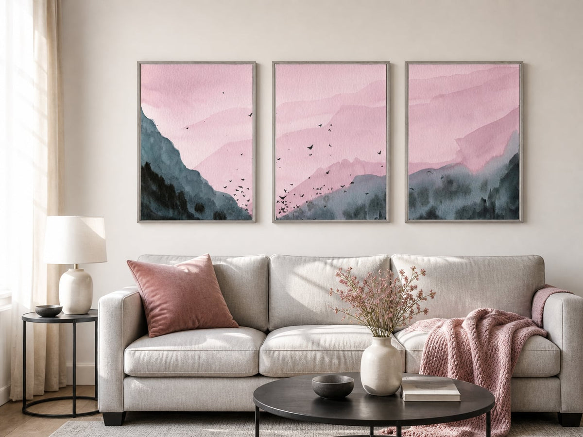 Rose Mountain Flight Trio displayed in a palette-matched living room