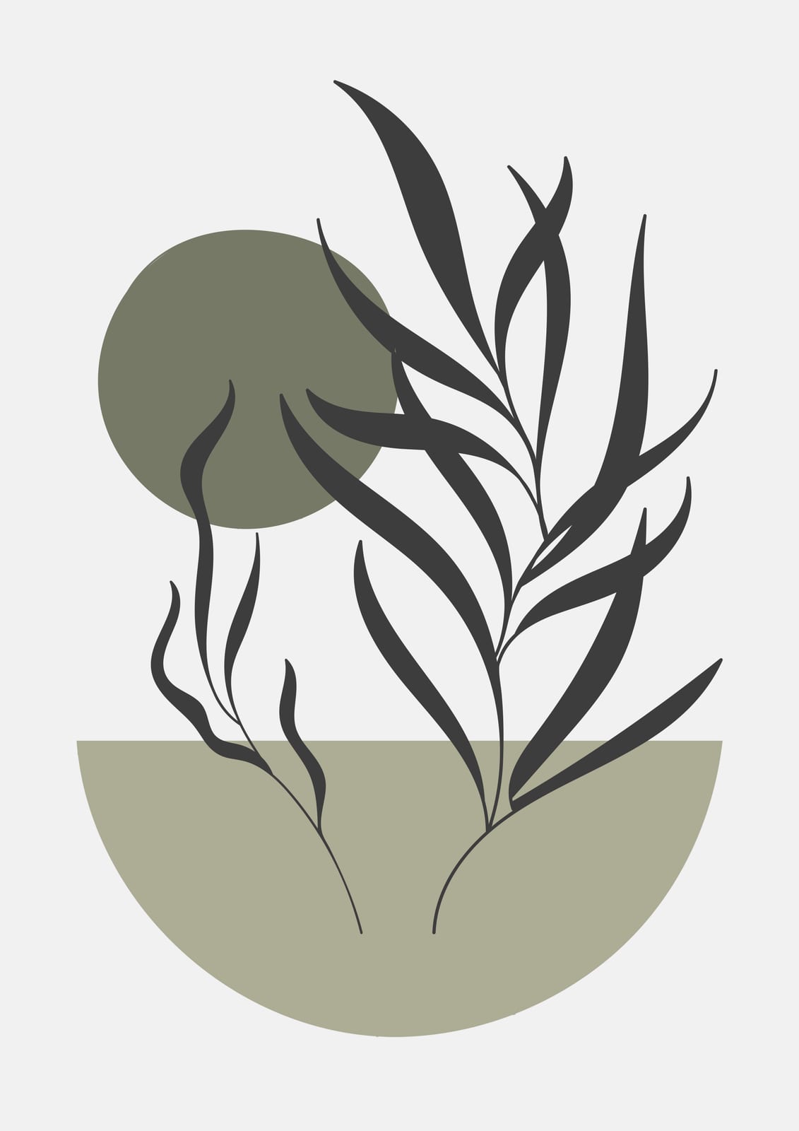 Dark sage leaves gather below a sparse black botanical line on warm white