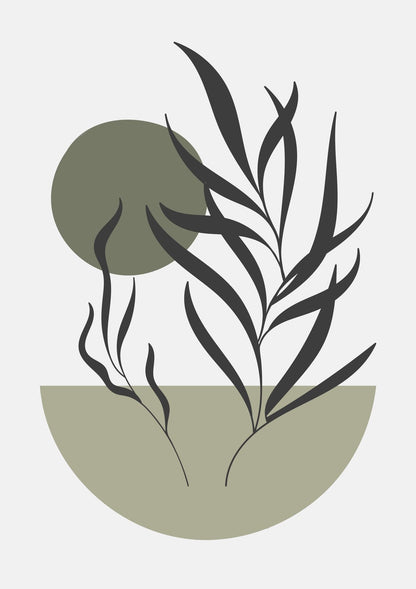 Dark sage leaves gather below a sparse black botanical line on warm white