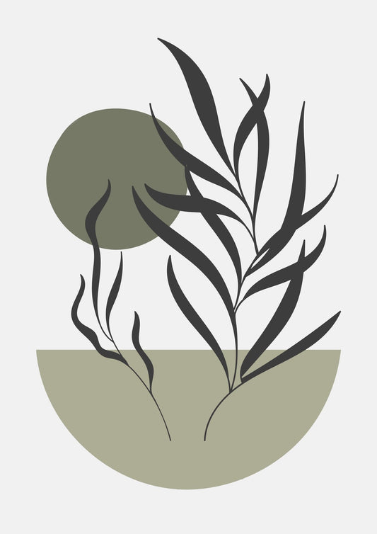 Dark sage leaves gather below a sparse black botanical line on warm white