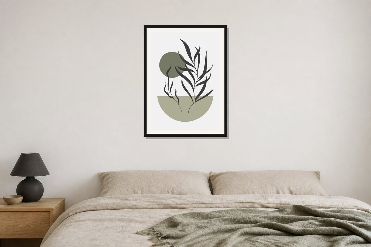 Sage Botanical Bowl Print print displayed in a bedroom matched to its sage green, charcoal, warm white palette