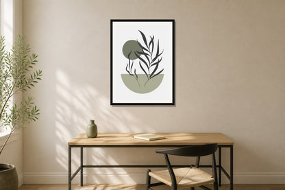 Sage Botanical Bowl Print print displayed in a home office matched to its sage green, charcoal, warm white palette