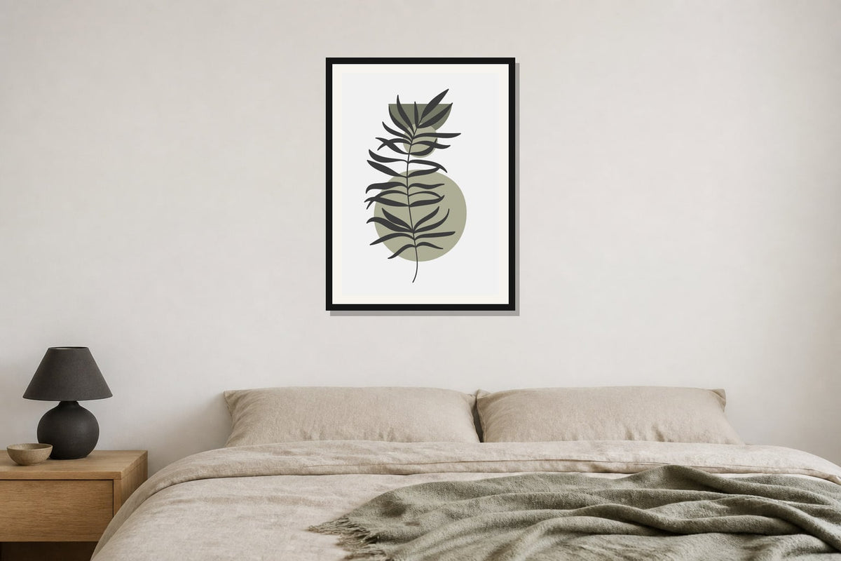 Sage Branch Circle Print print displayed in a bedroom matched to its sage green, charcoal, warm white palette
