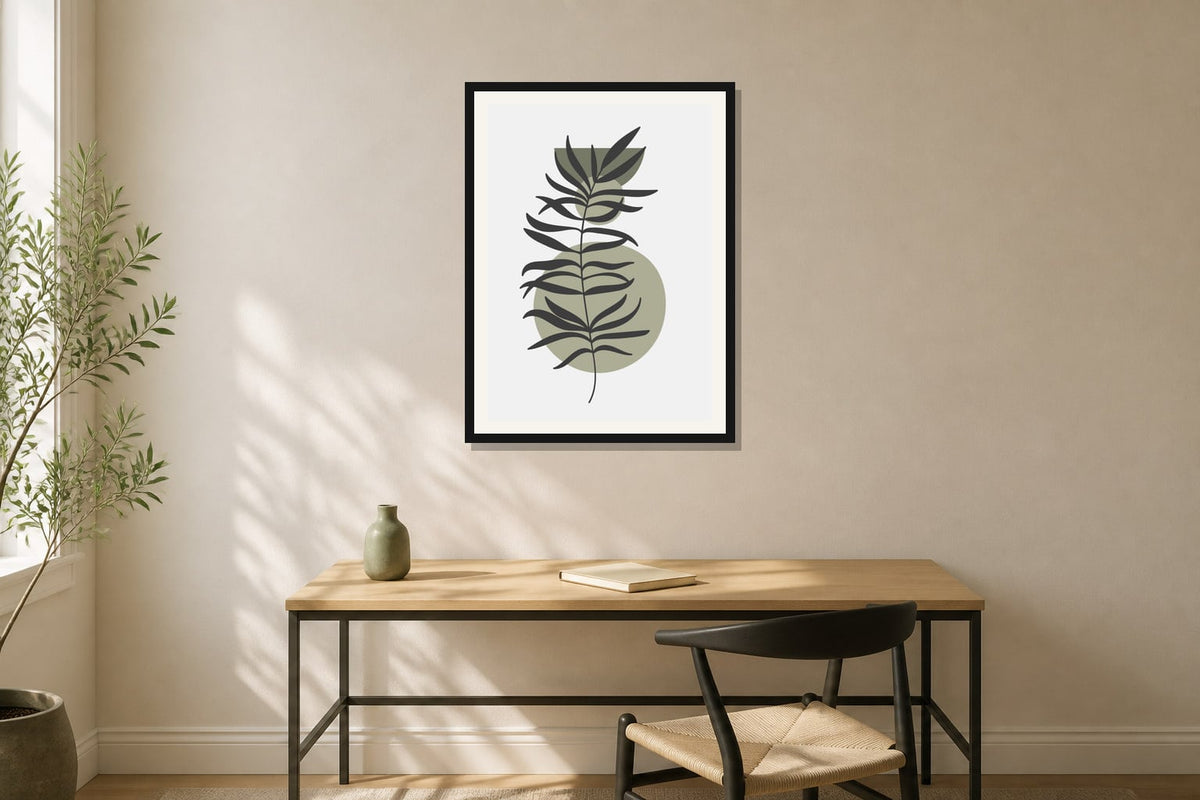Sage Branch Circle Print print displayed in a home office matched to its sage green, charcoal, warm white palette