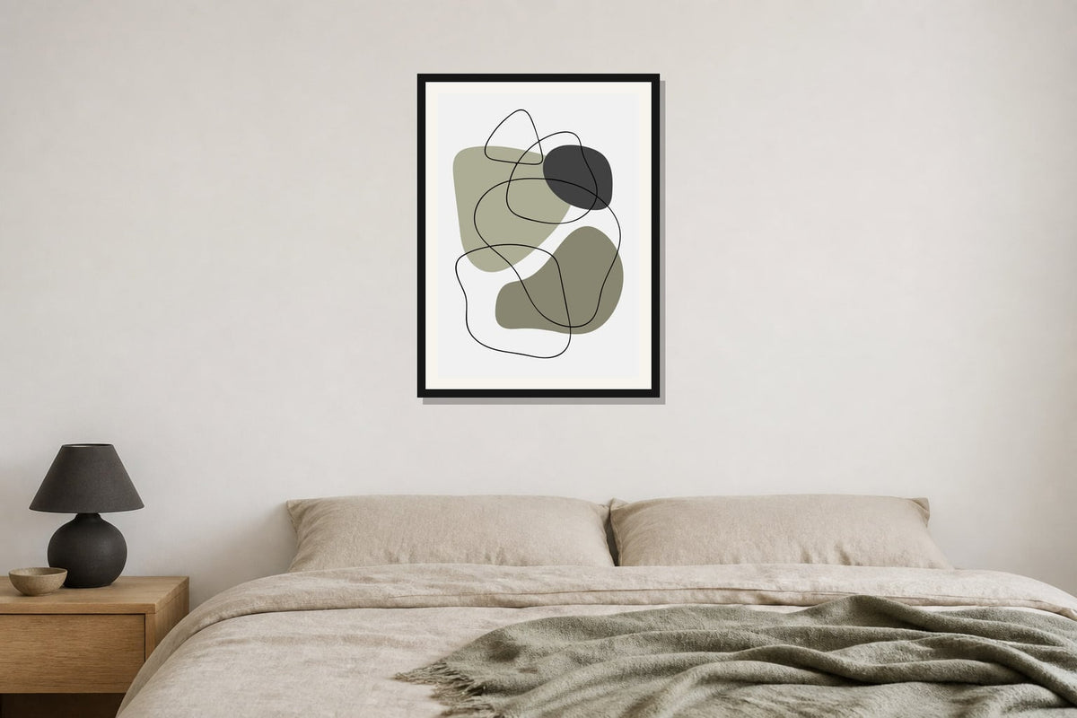 Sage Contour Abstract Print print displayed in a bedroom matched to its sage green, charcoal, warm white palette