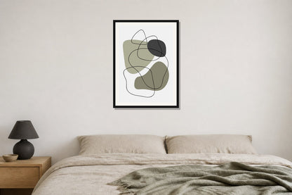 Sage Contour Abstract Print print displayed in a bedroom matched to its sage green, charcoal, warm white palette