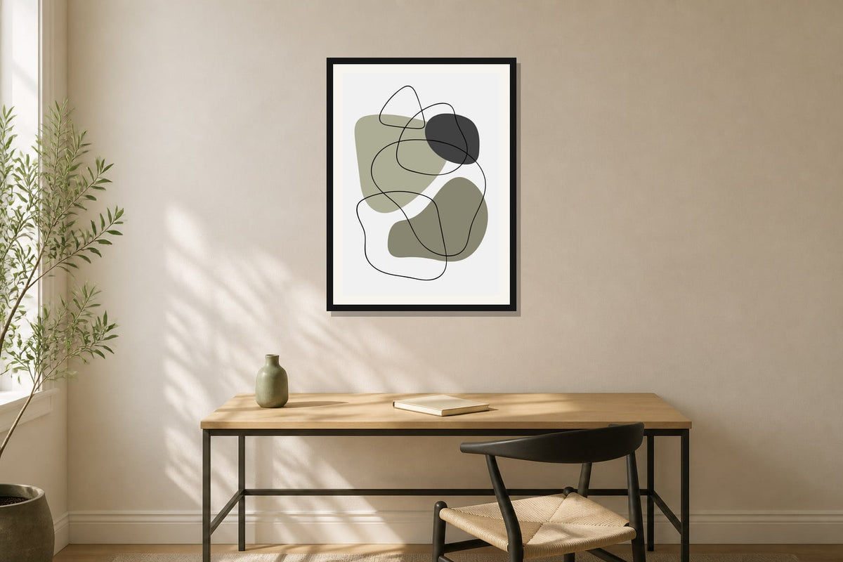 Sage Contour Abstract Print print displayed in a home office matched to its sage green, charcoal, warm white palette