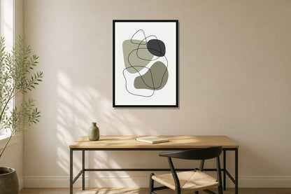 Sage Contour Abstract Print print displayed in a home office matched to its sage green, charcoal, warm white palette