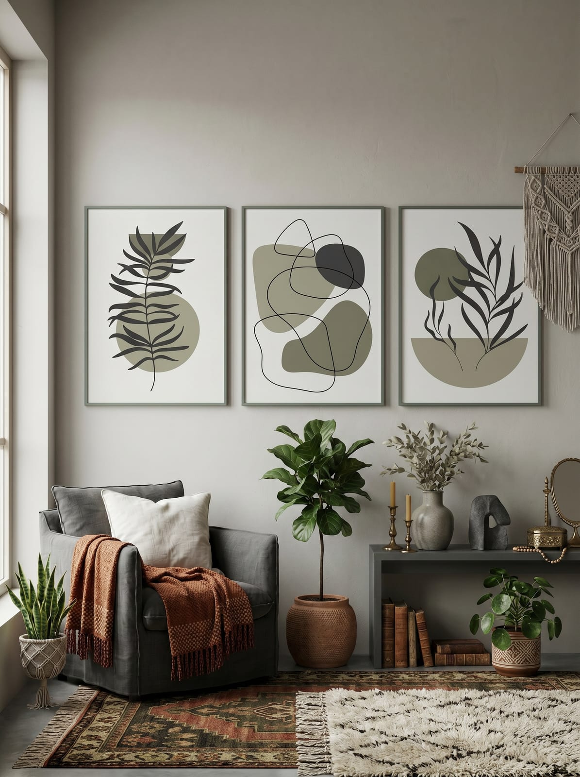 Sage Line Botanicals Trio showing three minimalist botanical line studies combine sage leaf shapes, charcoal gestures.
