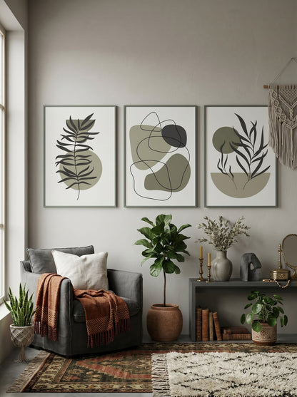 Sage Line Botanicals Trio showing three minimalist botanical line studies combine sage leaf shapes, charcoal gestures.