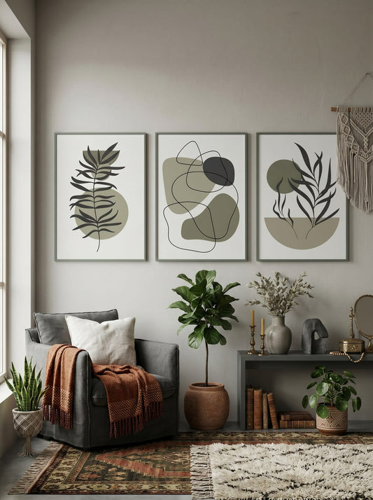 Sage Line Botanicals Trio showing three minimalist botanical line studies combine sage leaf shapes, charcoal gestures.