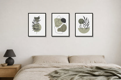 Sage Line Botanicals Trio trio displayed in a bedroom matched to its sage green, charcoal, warm white palette