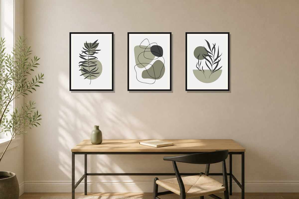 Sage Line Botanicals Trio trio displayed in a home office matched to its sage green, charcoal, warm white palette