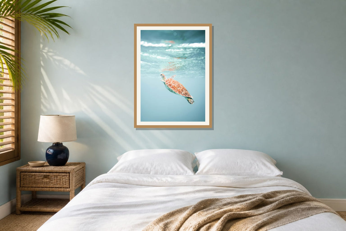 Sea Turtle Water Print print displayed in a bedroom matched to its turquoise, aqua, white palette
