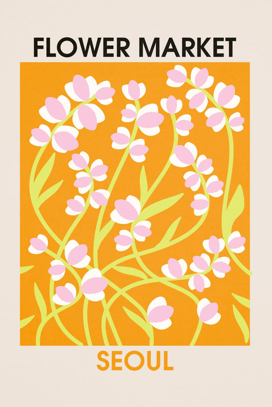 A Seoul flower-market poster shows a tall mixed bouquet with pink, red, green, and pale-blue accents