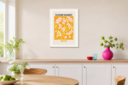 Seoul Flower Market Print print displayed in a kitchen matched to its bright pink, red, leaf green palette