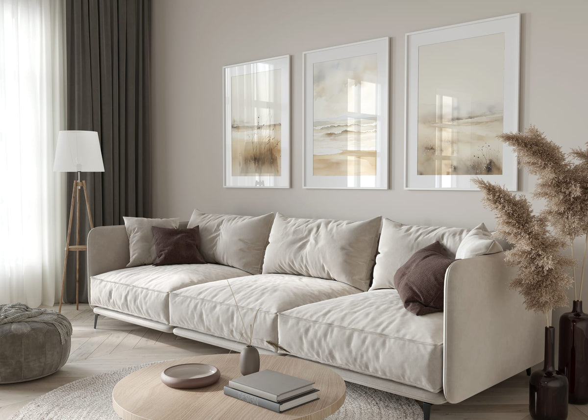 Soft Neutral Shore Trio showing three pale coastal photographs move from dune grasses to a soft shoreline and back to.