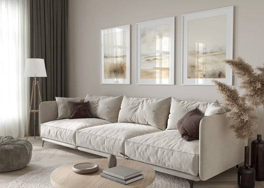 Soft Neutral Shore Trio showing three pale coastal photographs move from dune grasses to a soft shoreline and back to.