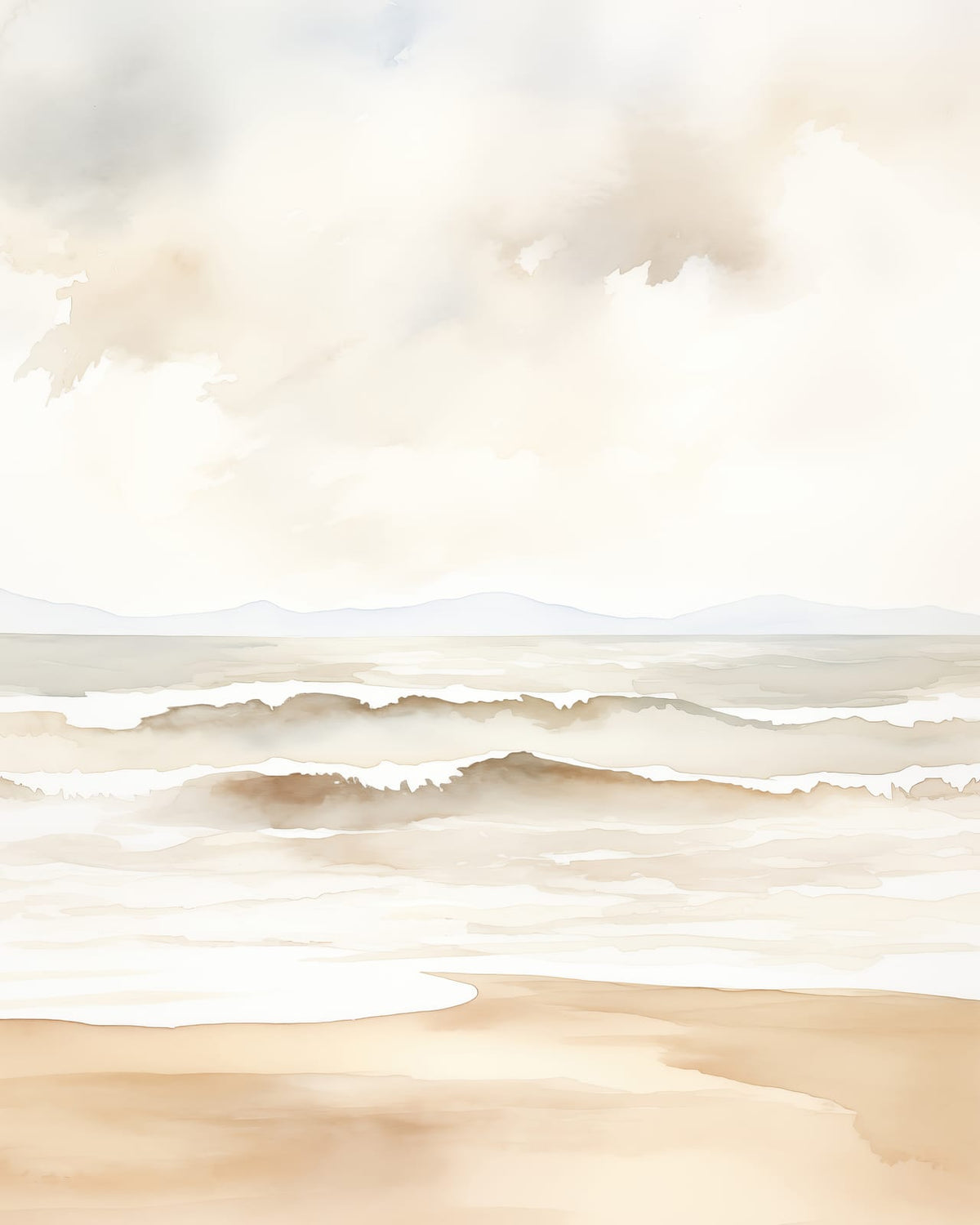 Gentle surf reaches a pale sandy shore beneath a misted horizon