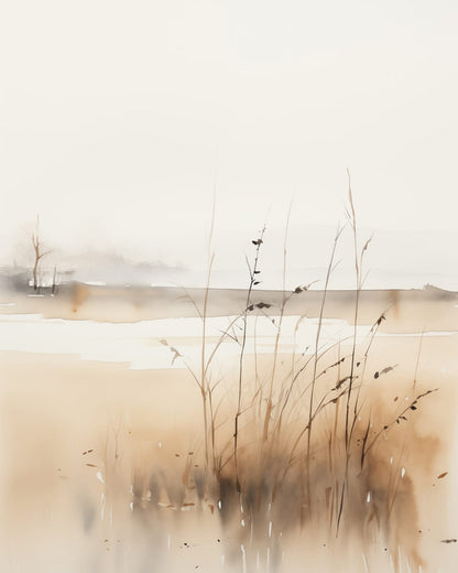 Wind-shaped beach grasses lean across a warm neutral dune landscape