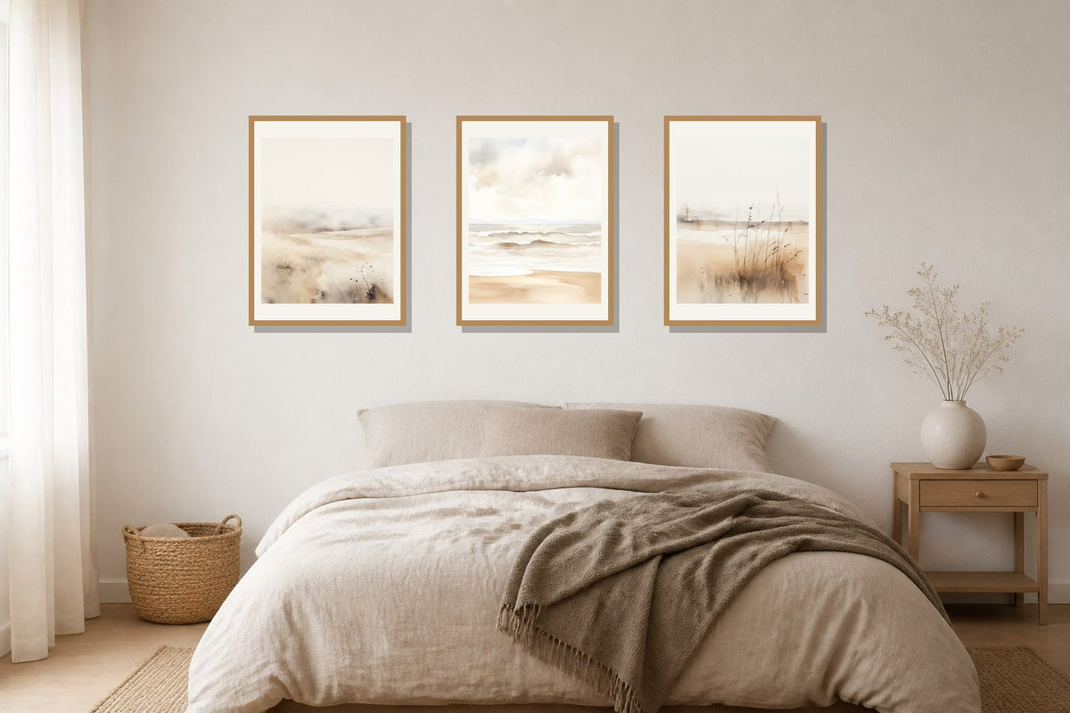 Soft Neutral Shore Trio trio displayed in a bedroom matched to its warm white, sand, taupe palette