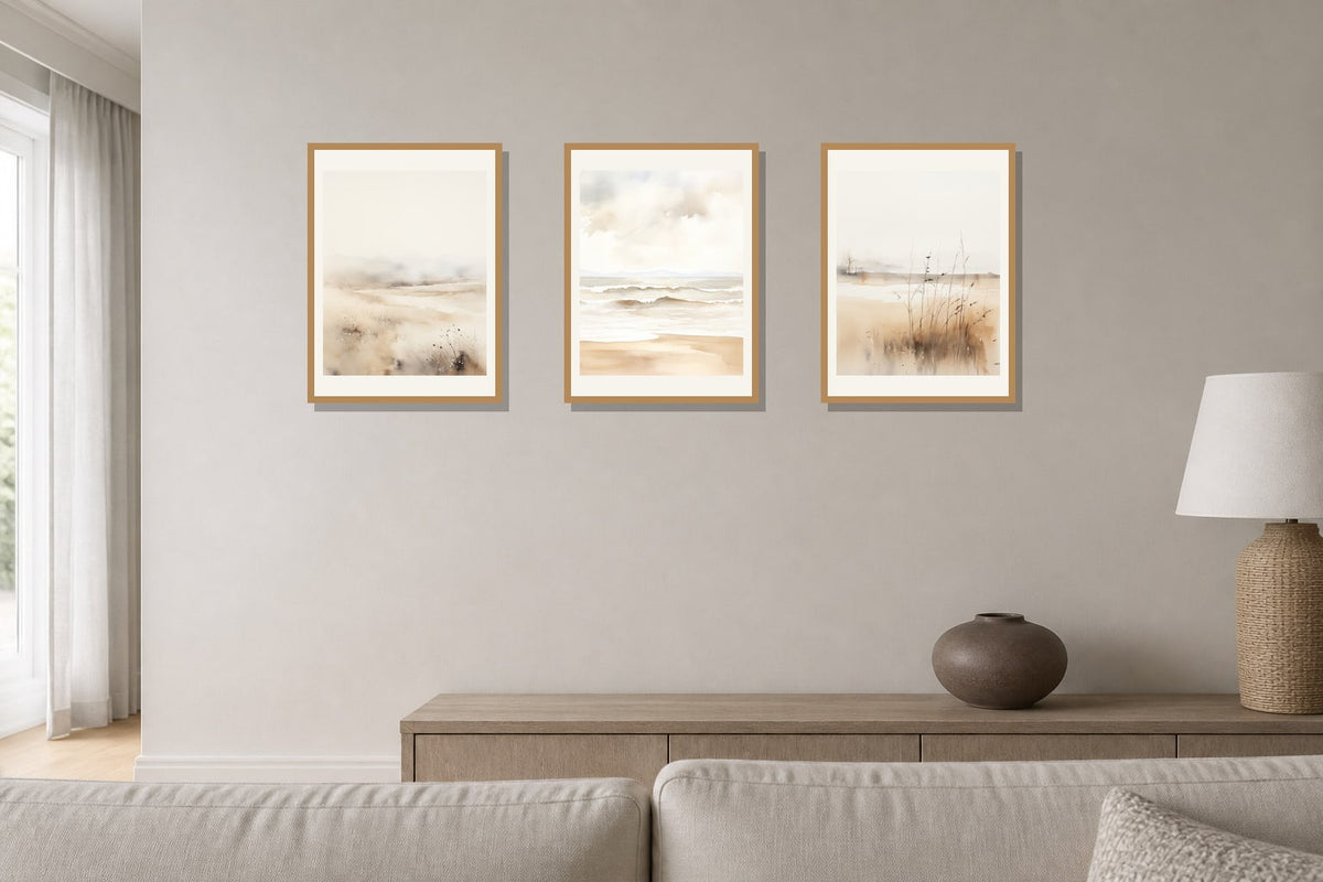 Soft Neutral Shore Trio trio displayed in a living room matched to its warm white, sand, taupe palette