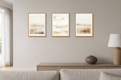 Soft Neutral Shore Trio trio displayed in a living room matched to its warm white, sand, taupe palette