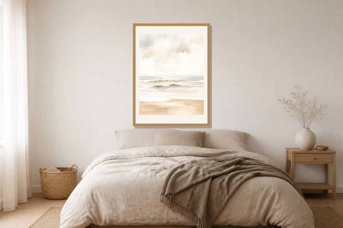Soft Neutral Surf Print print displayed in a bedroom matched to its warm white, sand, taupe palette