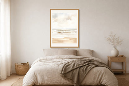 Soft Neutral Surf Print print displayed in a bedroom matched to its warm white, sand, taupe palette