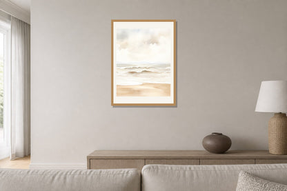 Soft Neutral Surf Print print displayed in a living room matched to its warm white, sand, taupe palette