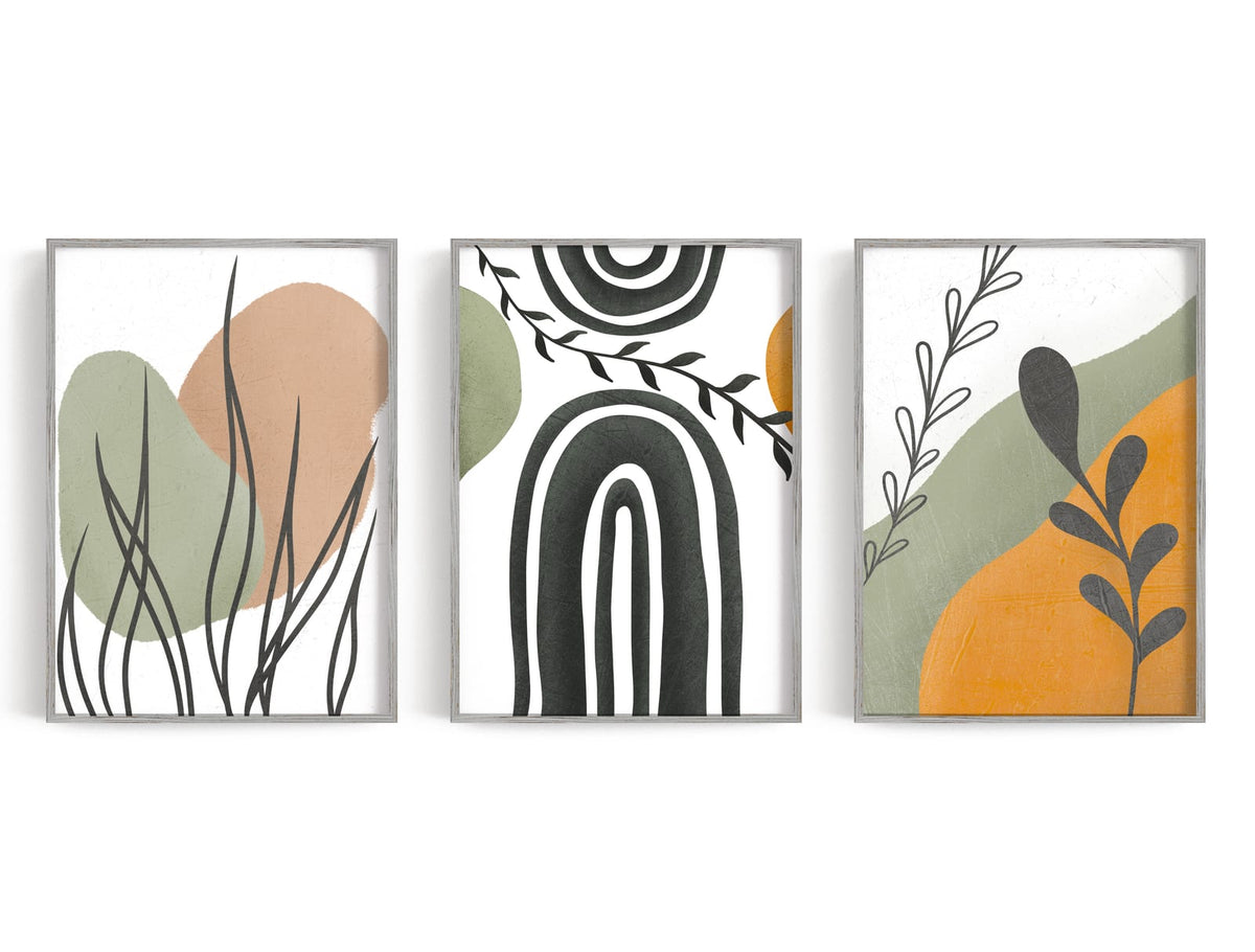 Graphic botanical triptych with charcoal linework, soft sage, peach, and ochre shapes