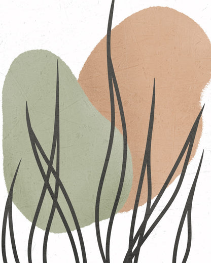 Long charcoal botanical leaves over textured sage and peach abstract forms