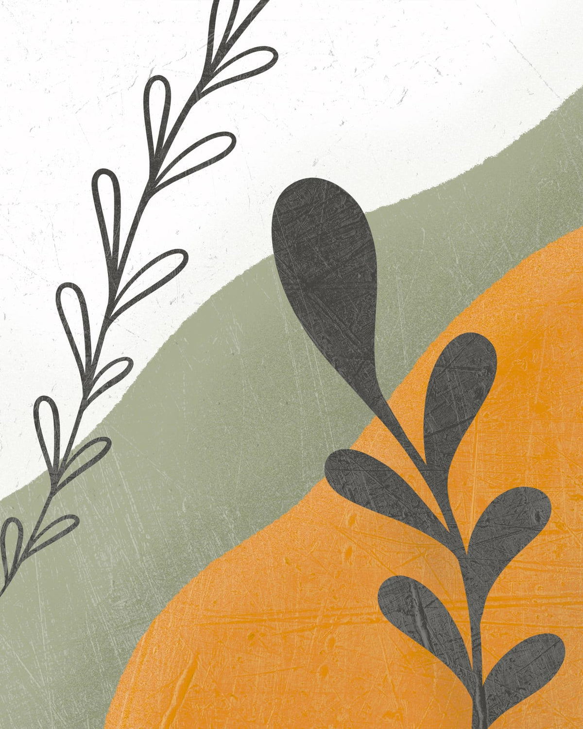 Charcoal botanical sprigs over textured sage and ochre abstract fields