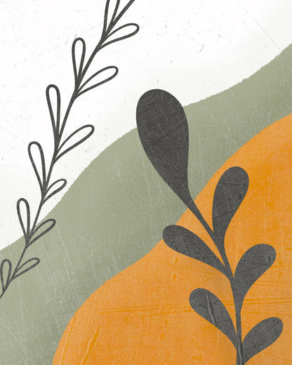 Charcoal botanical sprigs over textured sage and ochre abstract fields