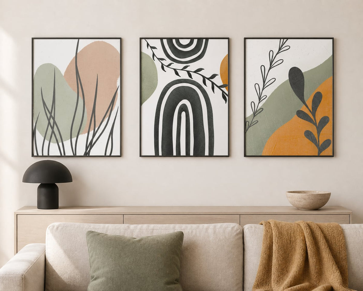 Soft Sage Graphic Botanicals Trio in a warm white living room with sage and ochre accents