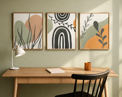 Soft Sage Graphic Botanicals Trio above a natural oak desk in a pale sage home office