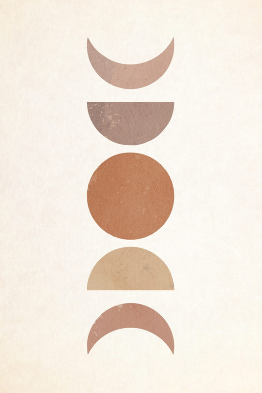 Black and terracotta moon phases stack vertically among curved sand-colored shapes