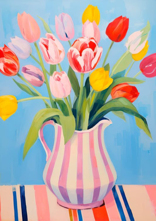 Coral and yellow tulips rise from a cobalt-striped vase on a warm white ground