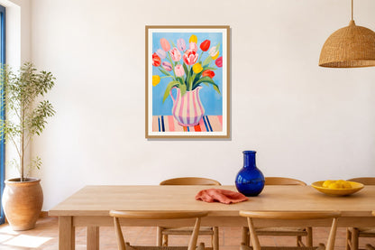 Striped Tulip Vase Print print displayed in a dining room matched to its cobalt blue, sunny yellow, coral palette